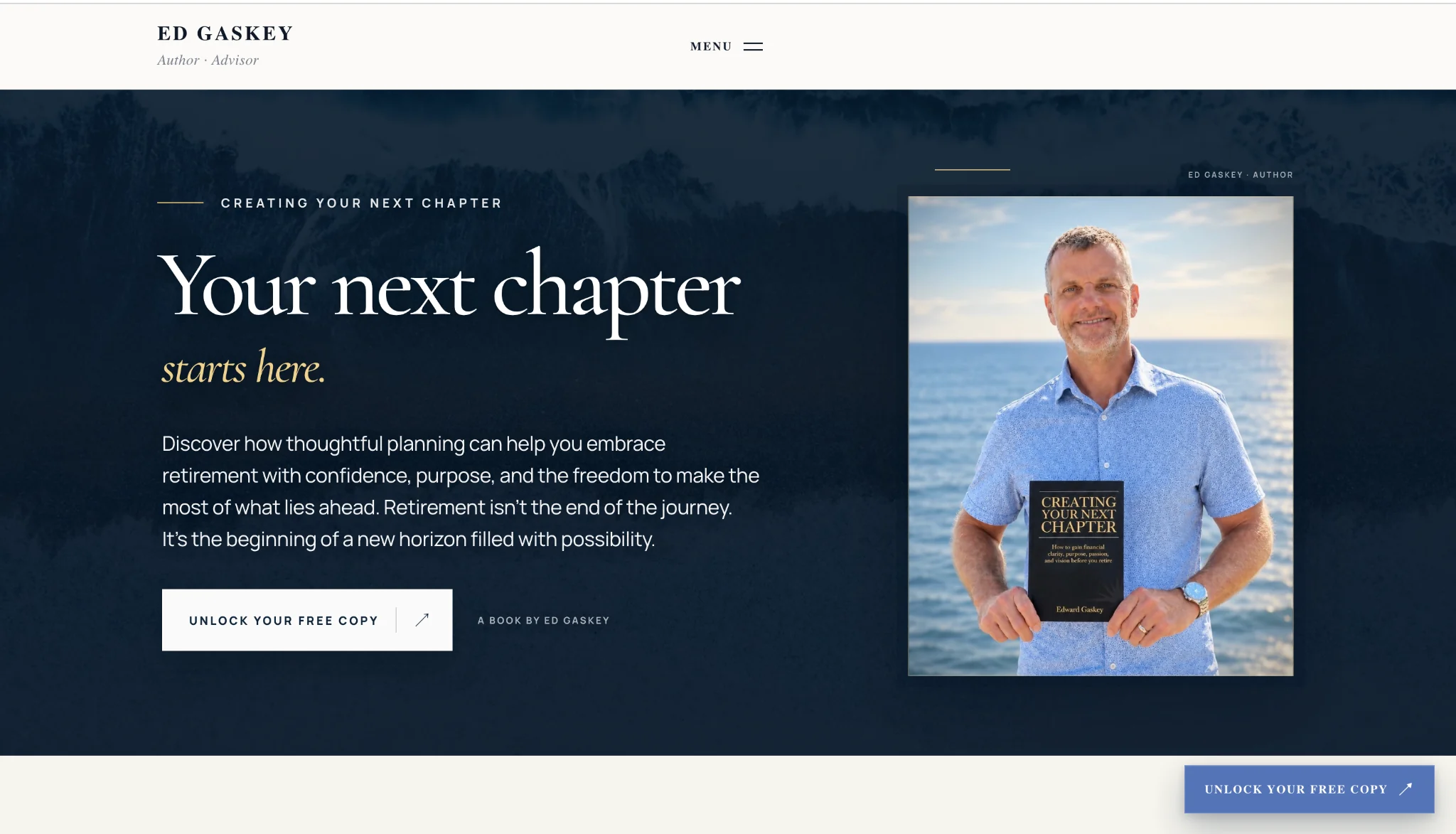 Ed Gaskey homepage showing the Creating Your Next Chapter hero, book call to action, and author portrait